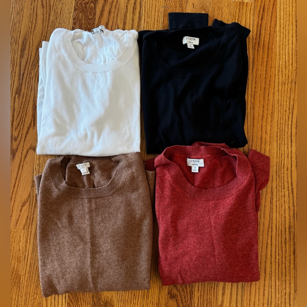 Lot of 4 J. Crew Factory Teddie crewneck sweaters, women’s size small.